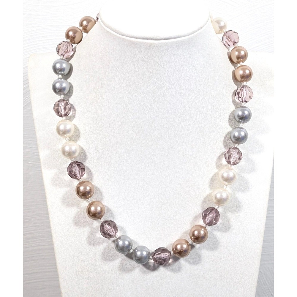 Roman Faux Pearl Faceted Bead Necklace Neutral Luxe Beige Gray‎ Purple 20"